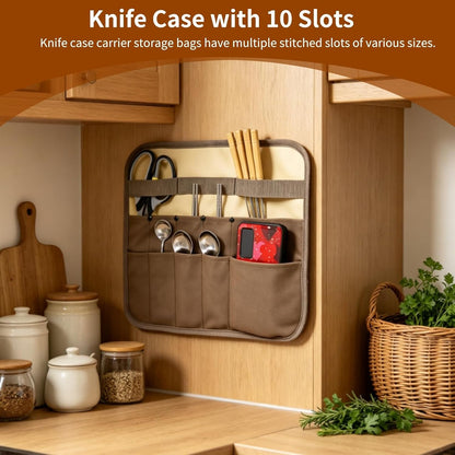 Chef Knife Roll Bag, 10 Slots Canvas Knife Bag Portable Chef Case Roll Knives Storage Pouch Case for Home, Kitchen, Grill