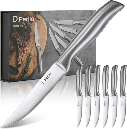 Steak Knives Non-serrated Sharp Straight Edge Steak Knife Set of 6, Professional Straight Edge Kitchen Table Dinner Knives, Elegant High Carbon Stainless Steel Kitchen Steak Knife Set, 4.5IN