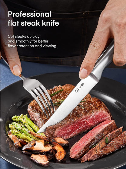 Steak Knives Non-serrated Sharp Straight Edge Steak Knife Set of 6, Professional Straight Edge Kitchen Table Dinner Knives, Elegant High Carbon Stainless Steel Kitchen Steak Knife Set, 4.5IN