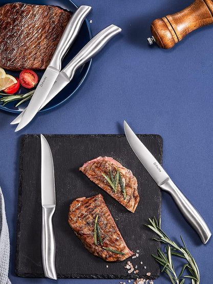 Steak Knives Non-serrated Sharp Straight Edge Steak Knife Set of 6, Professional Straight Edge Kitchen Table Dinner Knives, Elegant High Carbon Stainless Steel Kitchen Steak Knife Set, 4.5IN