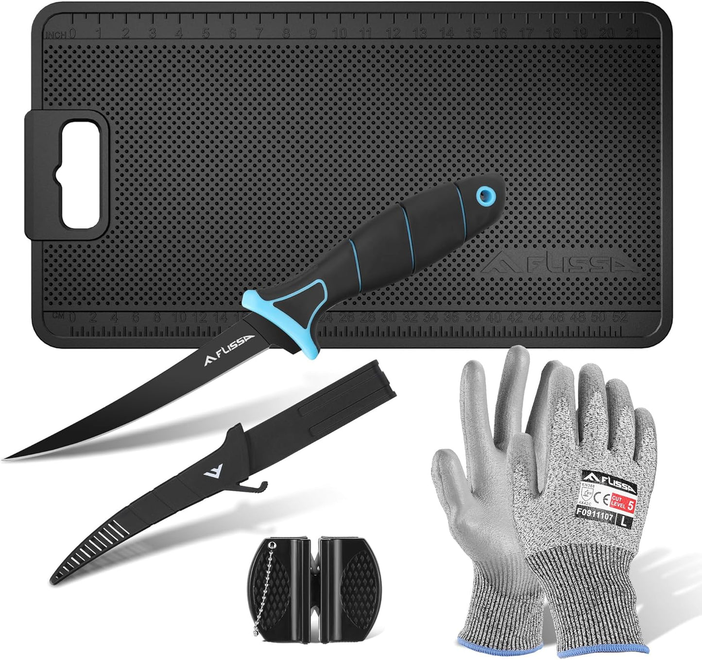 4PCS Fish Fillet Set, Fish Cleaning Kit | With 6" Fillet Knife, 24"*13" Non-Slip Fish Fillet & Cleaning Mat, Level 5 Cut Resistant Gloves, Knife Sharpener