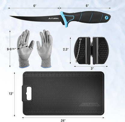 4PCS Fish Fillet Set, Fish Cleaning Kit | With 6" Fillet Knife, 24"*13" Non-Slip Fish Fillet & Cleaning Mat, Level 5 Cut Resistant Gloves, Knife Sharpener