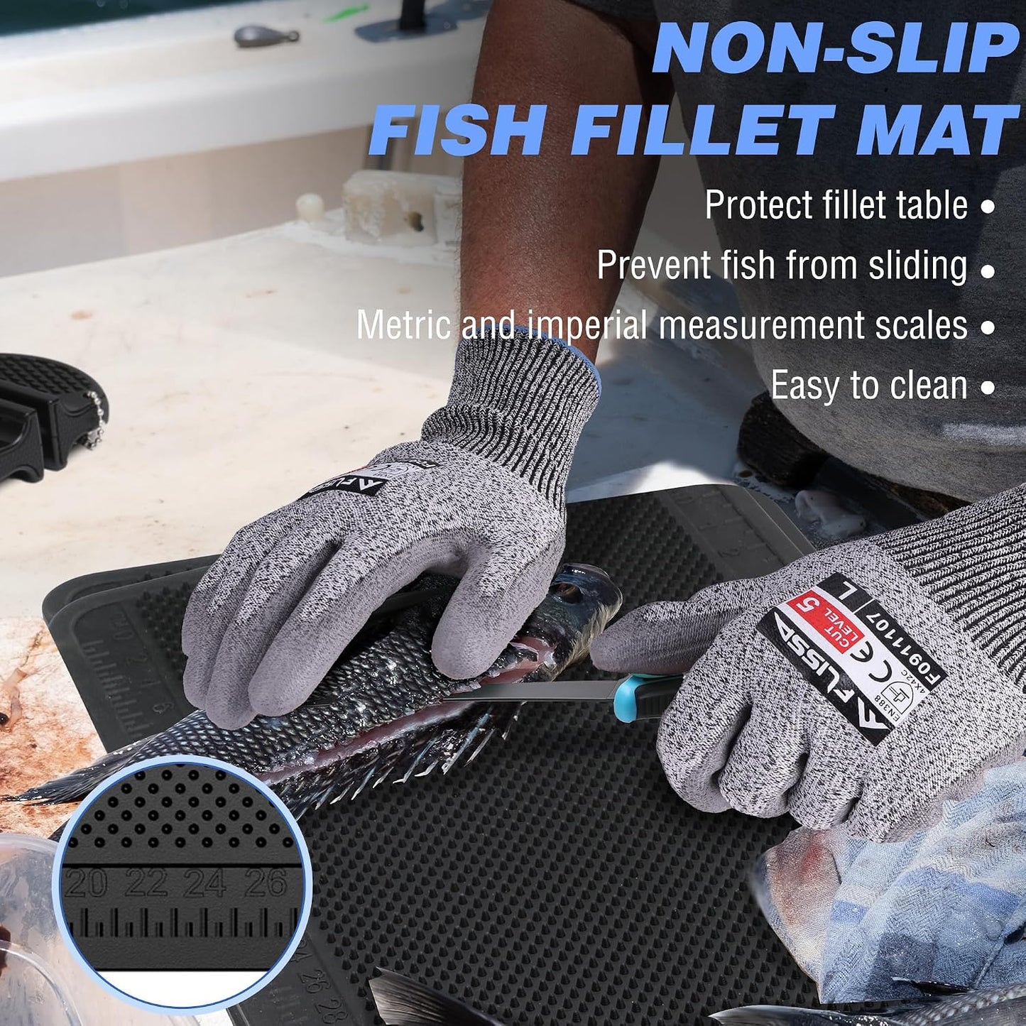 4PCS Fish Fillet Set, Fish Cleaning Kit | With 6" Fillet Knife, 24"*13" Non-Slip Fish Fillet & Cleaning Mat, Level 5 Cut Resistant Gloves, Knife Sharpener