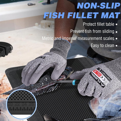 4PCS Fish Fillet Set, Fish Cleaning Kit | With 6" Fillet Knife, 24"*13" Non-Slip Fish Fillet & Cleaning Mat, Level 5 Cut Resistant Gloves, Knife Sharpener