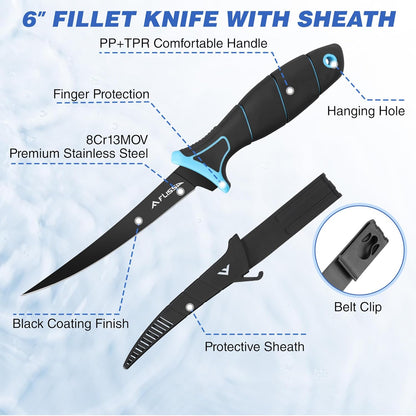 4PCS Fish Fillet Set, Fish Cleaning Kit | With 6" Fillet Knife, 24"*13" Non-Slip Fish Fillet & Cleaning Mat, Level 5 Cut Resistant Gloves, Knife Sharpener