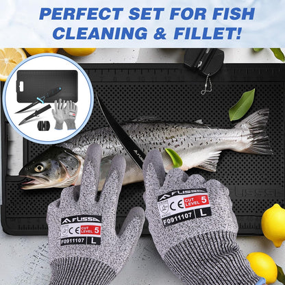 4PCS Fish Fillet Set, Fish Cleaning Kit | With 6" Fillet Knife, 24"*13" Non-Slip Fish Fillet & Cleaning Mat, Level 5 Cut Resistant Gloves, Knife Sharpener