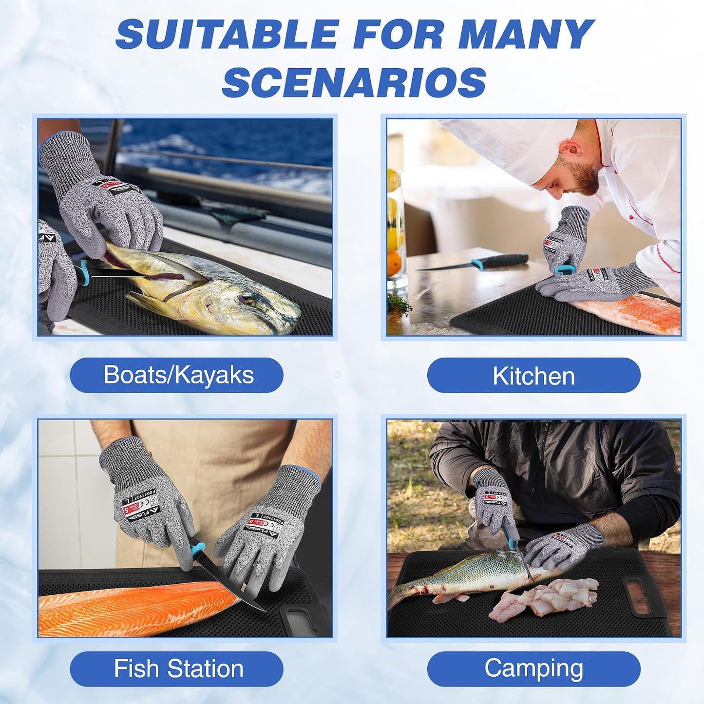 4PCS Fish Fillet Set, Fish Cleaning Kit | With 6" Fillet Knife, 24"*13" Non-Slip Fish Fillet & Cleaning Mat, Level 5 Cut Resistant Gloves, Knife Sharpener