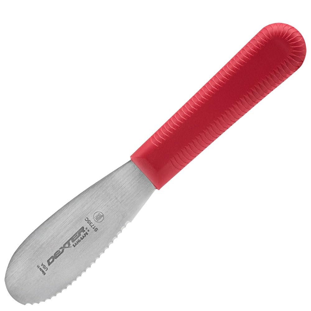‌‌ S173SCR-PCP Sani-Safe 18213R Sandwich Spreader, 3-1/2" Scalloped Edge Stainless Steel Blade with Textured Polypropylene Red Handle, Butter and Condiment Knife, NSF, Made in USA