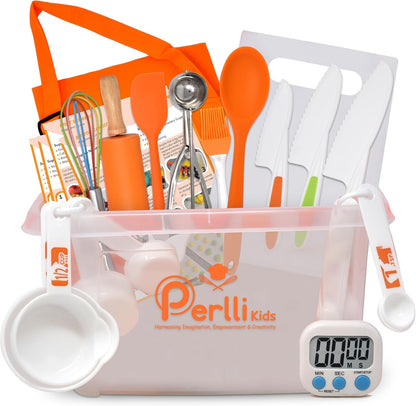 Kids Real Cooking and Baking Supplies Gift Set with Case (Orange) | 31 Piece Montessori Junior Chef Kitchen Set with Toddler Utensils, Kids Knife Set for Fine Motor Skills for Children Ages 6+