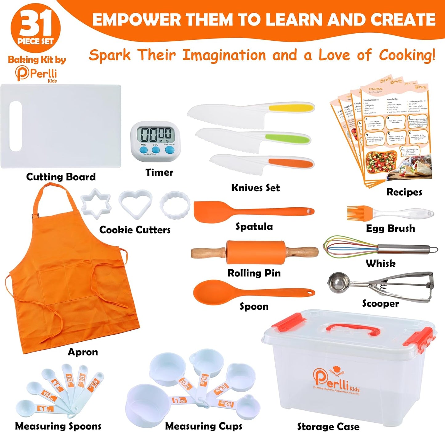 Kids Real Cooking and Baking Supplies Gift Set with Case (Orange) | 31 Piece Montessori Junior Chef Kitchen Set with Toddler Utensils, Kids Knife Set for Fine Motor Skills for Children Ages 6+