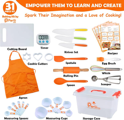 Kids Real Cooking and Baking Supplies Gift Set with Case (Orange) | 31 Piece Montessori Junior Chef Kitchen Set with Toddler Utensils, Kids Knife Set for Fine Motor Skills for Children Ages 6+