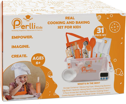 Kids Real Cooking and Baking Supplies Gift Set with Case (Orange) | 31 Piece Montessori Junior Chef Kitchen Set with Toddler Utensils, Kids Knife Set for Fine Motor Skills for Children Ages 6+