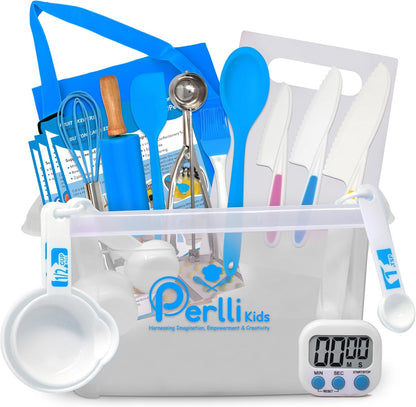 Kids Real Cooking and Baking Supplies Gift Set with Case (Orange) | 31 Piece Montessori Junior Chef Kitchen Set with Toddler Utensils, Kids Knife Set for Fine Motor Skills for Children Ages 6+
