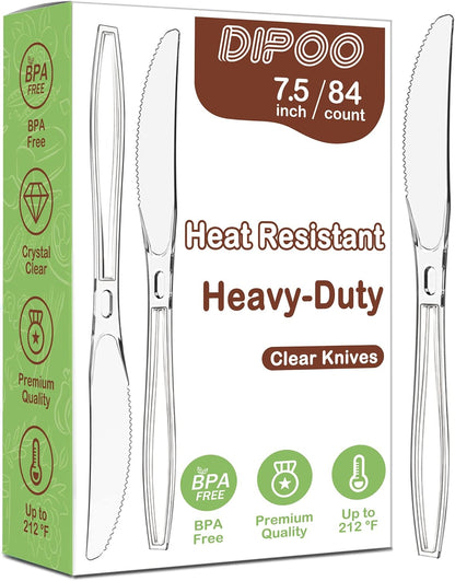 7.5" Clear Plastic Knives Heavy Duty Upgraded Heat Resistant & BPA Free, Solid and Durable Plastic Cutlery, Premium Disposable Knives, for Party Supply(84 Count)