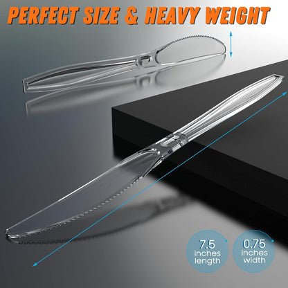 7.5" Clear Plastic Knives Heavy Duty Upgraded Heat Resistant & BPA Free, Solid and Durable Plastic Cutlery, Premium Disposable Knives, for Party Supply(84 Count)