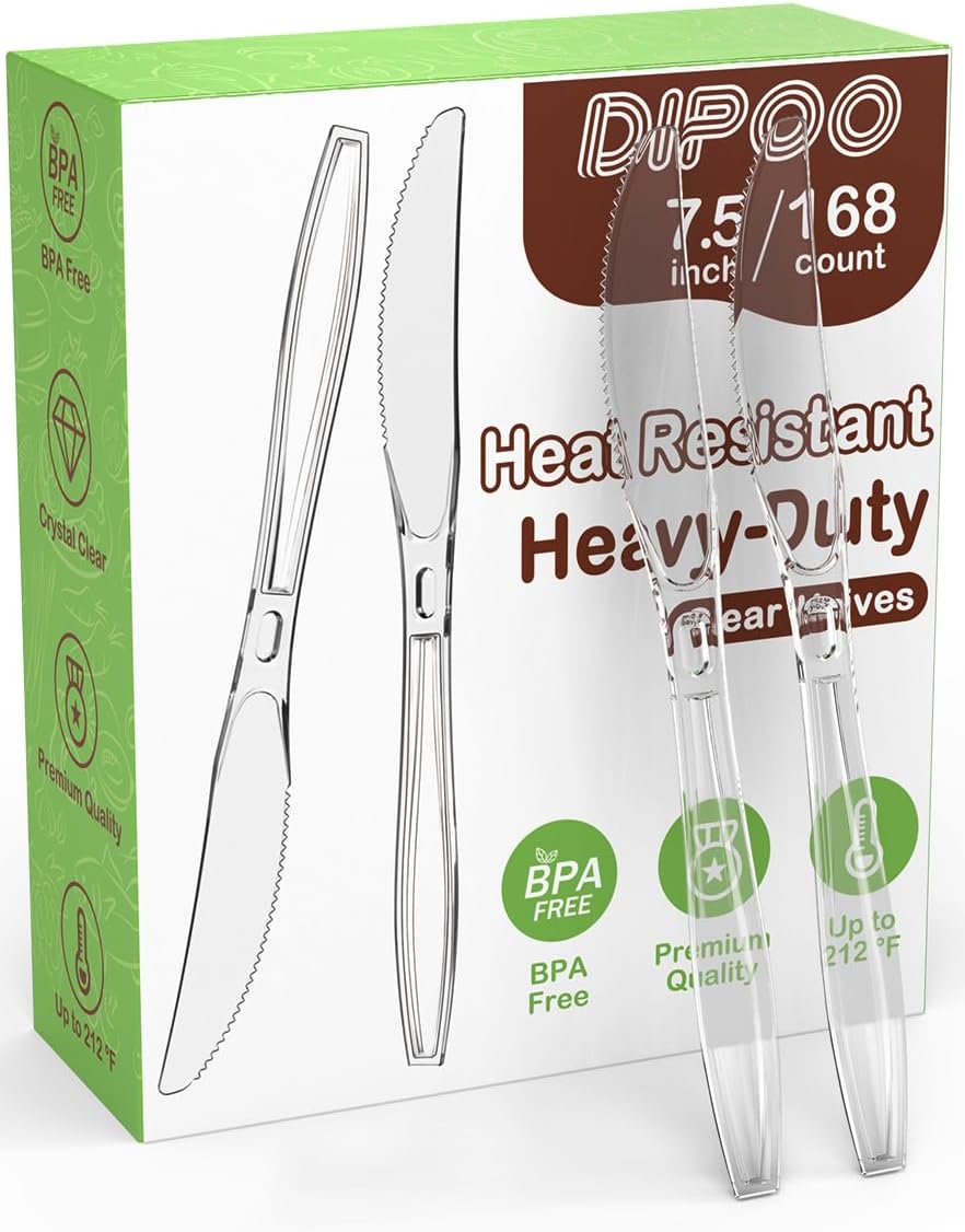 7.5" Clear Plastic Knives Heavy Duty Upgraded Heat Resistant & BPA Free, Solid and Durable Plastic Cutlery, Premium Disposable Knives, for Party Supply(84 Count)