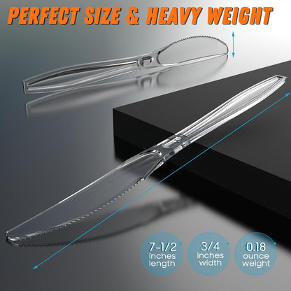 7.5" Clear Plastic Knives Heavy Duty Upgraded Heat Resistant & BPA Free, Solid and Durable Plastic Cutlery, Premium Disposable Knives, for Party Supply(84 Count)