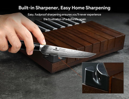 Steak Knives Set of 8 with Drawer Organizer Built-in Sharpener, 4.6 Inch Non Serrated Dinner Knife, Forged German Steel Damascus Pattern Straight Edge Meat Knife with Full Tang Handle, Black