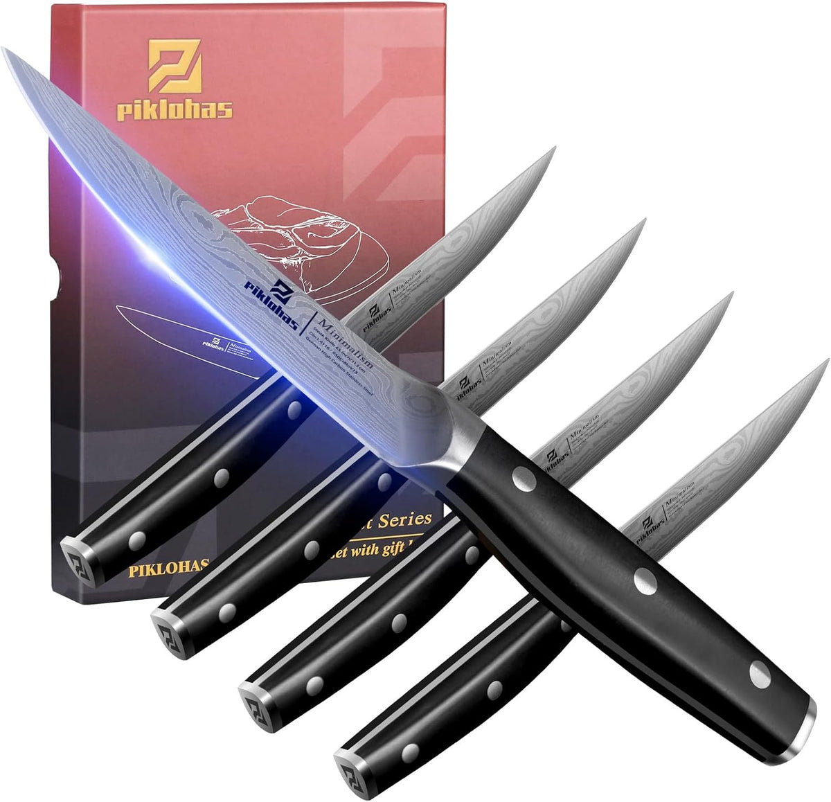 Steak Knives Set of 8 with Drawer Organizer Built-in Sharpener, 4.6 Inch Non Serrated Dinner Knife, Forged German Steel Damascus Pattern Straight Edge Meat Knife with Full Tang Handle, Black