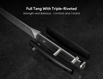 Steak Knives Set of 8 with Drawer Organizer Built-in Sharpener, 4.6 Inch Non Serrated Dinner Knife, Forged German Steel Damascus Pattern Straight Edge Meat Knife with Full Tang Handle, Black