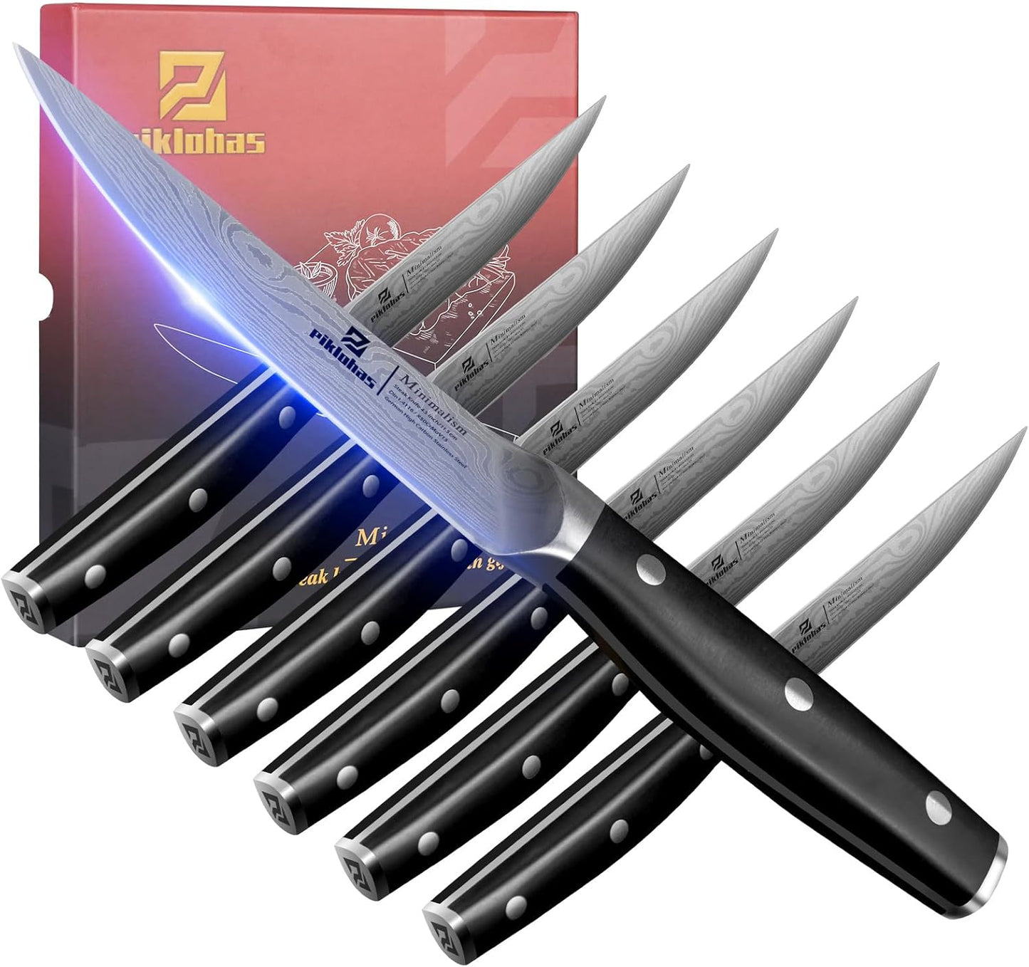Steak Knives Set of 8 with Drawer Organizer Built-in Sharpener, 4.6 Inch Non Serrated Dinner Knife, Forged German Steel Damascus Pattern Straight Edge Meat Knife with Full Tang Handle, Black