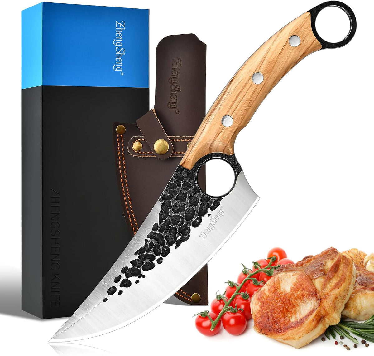 Viking Knife, Hand Forged Carbon Steel Full Tang Blade, Ultra Sharp Ergonomic Olive Wood Handle with Premium Leather Sheath, Multipurpose for Kitchen Prep, Camping and BBQ