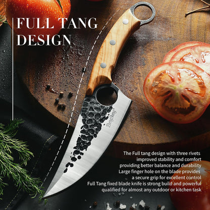 Viking Knife, Hand Forged Carbon Steel Full Tang Blade, Ultra Sharp Ergonomic Olive Wood Handle with Premium Leather Sheath, Multipurpose for Kitchen Prep, Camping and BBQ