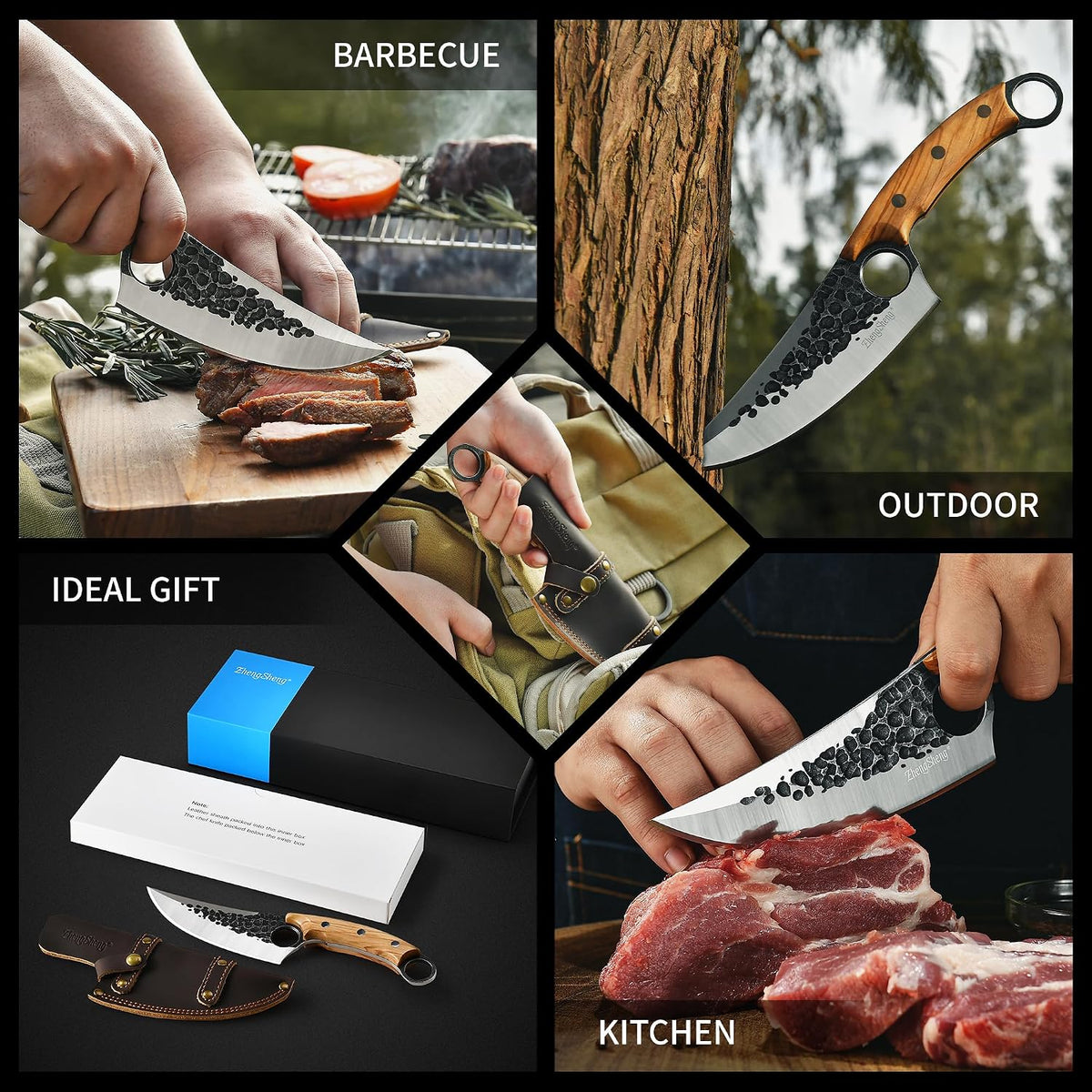 Viking Knife, Hand Forged Carbon Steel Full Tang Blade, Ultra Sharp Ergonomic Olive Wood Handle with Premium Leather Sheath, Multipurpose for Kitchen Prep, Camping and BBQ