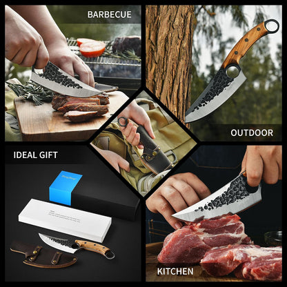 Viking Knife, Hand Forged Carbon Steel Full Tang Blade, Ultra Sharp Ergonomic Olive Wood Handle with Premium Leather Sheath, Multipurpose for Kitchen Prep, Camping and BBQ