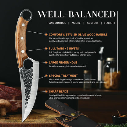 Viking Knife, Hand Forged Carbon Steel Full Tang Blade, Ultra Sharp Ergonomic Olive Wood Handle with Premium Leather Sheath, Multipurpose for Kitchen Prep, Camping and BBQ