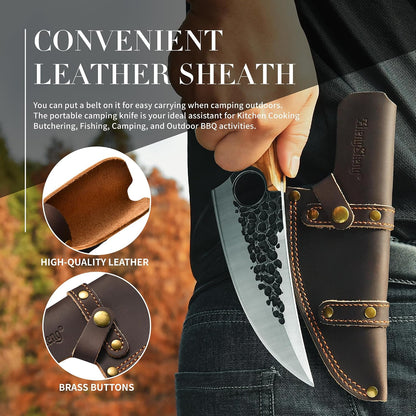 Viking Knife, Hand Forged Carbon Steel Full Tang Blade, Ultra Sharp Ergonomic Olive Wood Handle with Premium Leather Sheath, Multipurpose for Kitchen Prep, Camping and BBQ