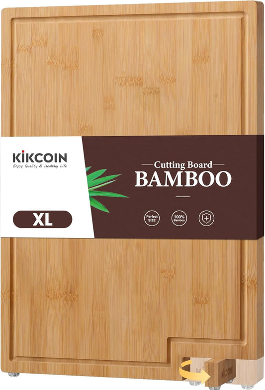 Bamboo Cutting Boards for Kitchen, Extra Large Wood Cutting Board with Rotating Kickstand & Juice Groove, Wooden Chopping Board for Meats Veges Fruits, Heavy Duty Serving Tray, 17 x 11.3 inch