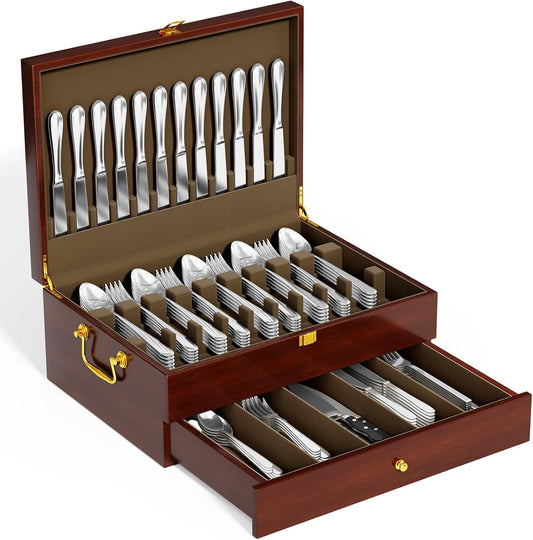 Walnut Silverware Storage Box,Silverware Flatware Case with Felt Lined,Flatware Storage Box for 12 sets of Utensils,Silverware Chest without Silverware,Silverware Organizer with Lid