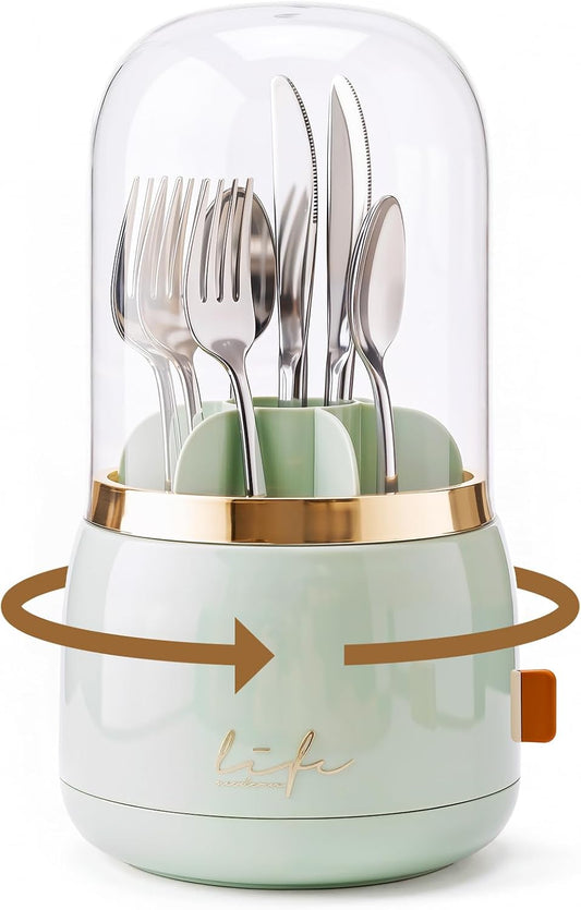 360° Utensil Holder Silverware Organizer with Lid,Kitchen Countertop Flatware Organizer and Countertop Storage(Fits Max 8.7" Utensils),Forks,Spoons Organizer,for Party,Coffee Bar,picnic (green)
