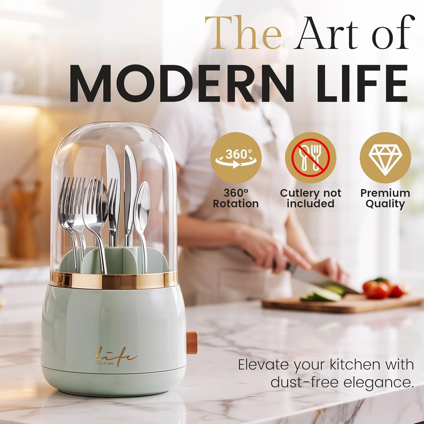 360° Utensil Holder Silverware Organizer with Lid,Kitchen Countertop Flatware Organizer and Countertop Storage(Fits Max 8.7" Utensils),Forks,Spoons Organizer,for Party,Coffee Bar,picnic (green)