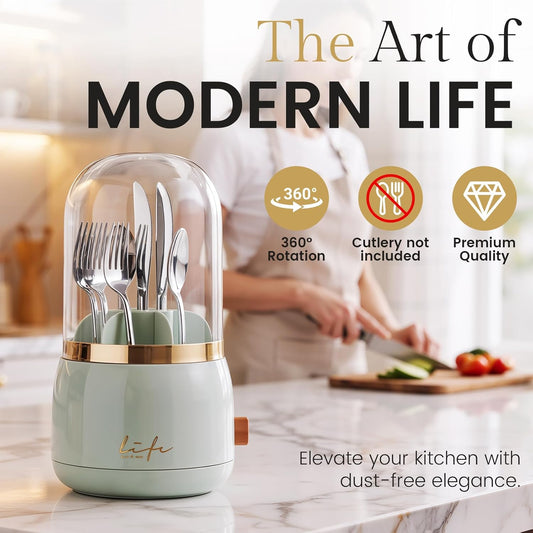 360° Utensil Holder Silverware Organizer with Lid,Kitchen Countertop Flatware Organizer and Countertop Storage(Fits Max 8.7" Utensils),Forks,Spoons Organizer,for Party,Coffee Bar,picnic (green)