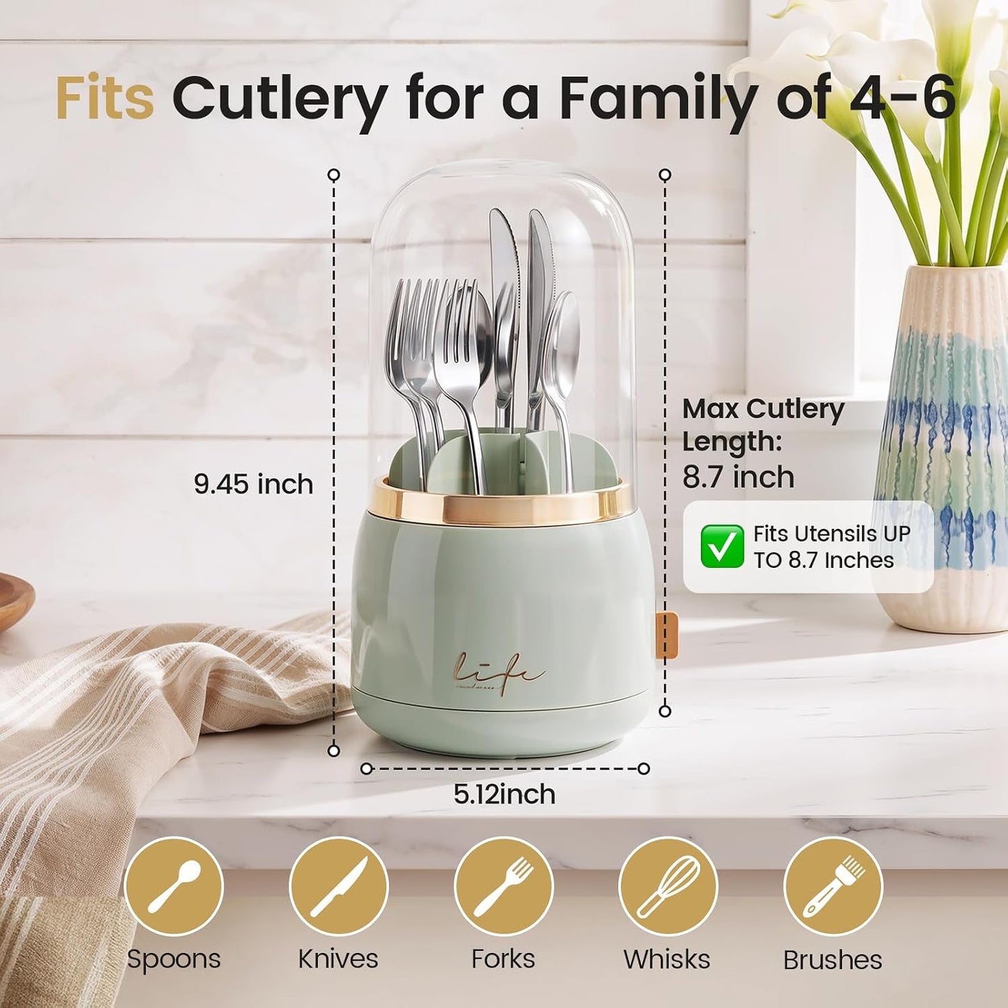360° Utensil Holder Silverware Organizer with Lid,Kitchen Countertop Flatware Organizer and Countertop Storage(Fits Max 8.7" Utensils),Forks,Spoons Organizer,for Party,Coffee Bar,picnic (green)