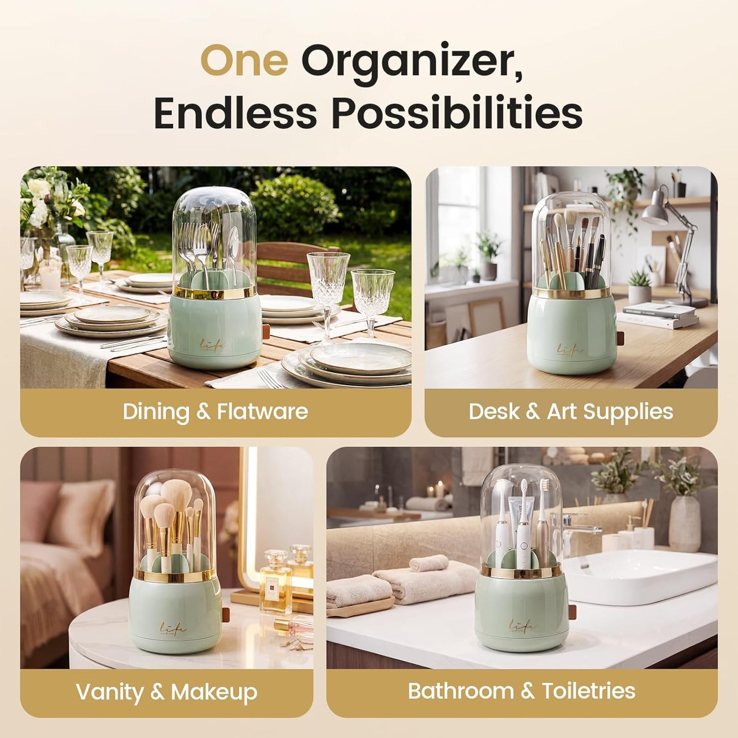 360° Utensil Holder Silverware Organizer with Lid,Kitchen Countertop Flatware Organizer and Countertop Storage(Fits Max 8.7" Utensils),Forks,Spoons Organizer,for Party,Coffee Bar,picnic (green)