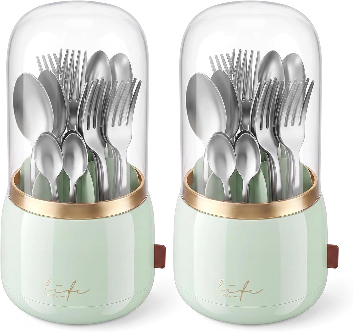 360° Utensil Holder Silverware Organizer with Lid,Kitchen Countertop Flatware Organizer and Countertop Storage(Fits Max 8.7" Utensils),Forks,Spoons Organizer,for Party,Coffee Bar,picnic (green)