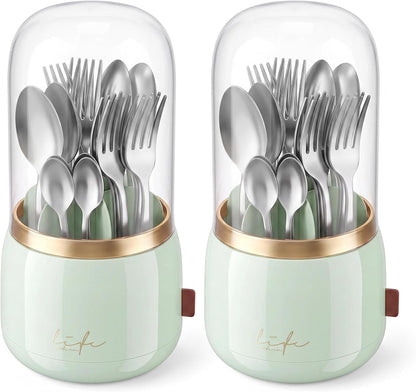 360° Utensil Holder Silverware Organizer with Lid,Kitchen Countertop Flatware Organizer and Countertop Storage(Fits Max 8.7" Utensils),Forks,Spoons Organizer,for Party,Coffee Bar,picnic (green)