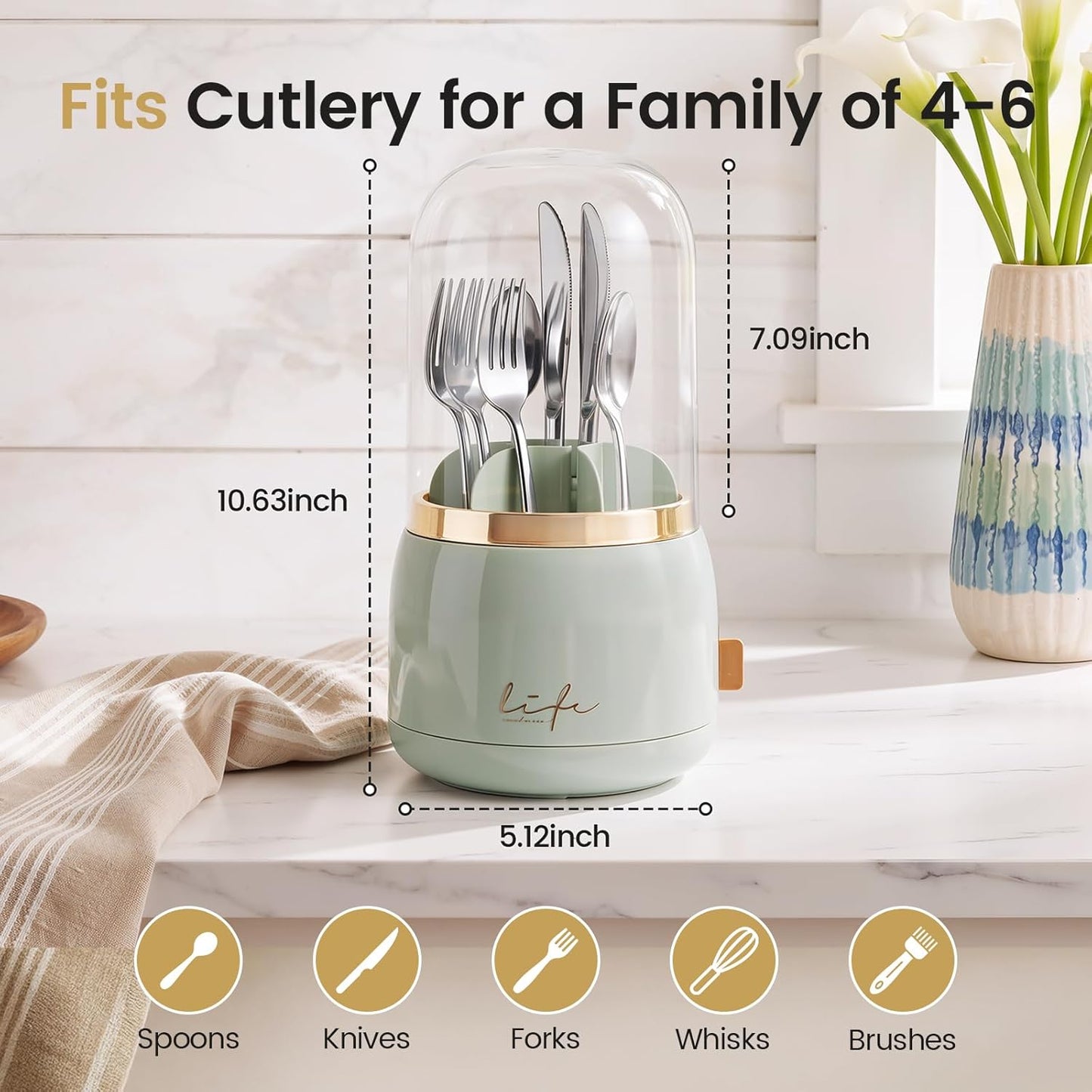 360° Utensil Holder Silverware Organizer with Lid,Kitchen Countertop Flatware Organizer and Countertop Storage(Fits Max 8.7" Utensils),Forks,Spoons Organizer,for Party,Coffee Bar,picnic (green)