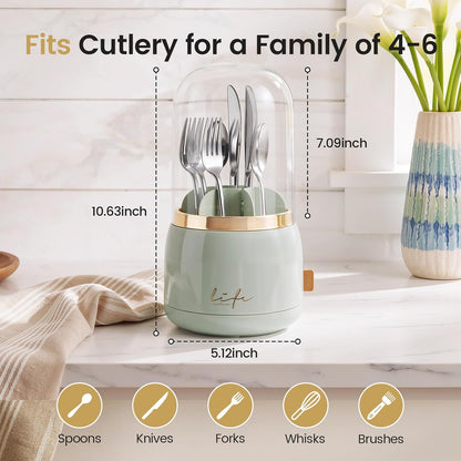 360° Utensil Holder Silverware Organizer with Lid,Kitchen Countertop Flatware Organizer and Countertop Storage(Fits Max 8.7" Utensils),Forks,Spoons Organizer,for Party,Coffee Bar,picnic (green)