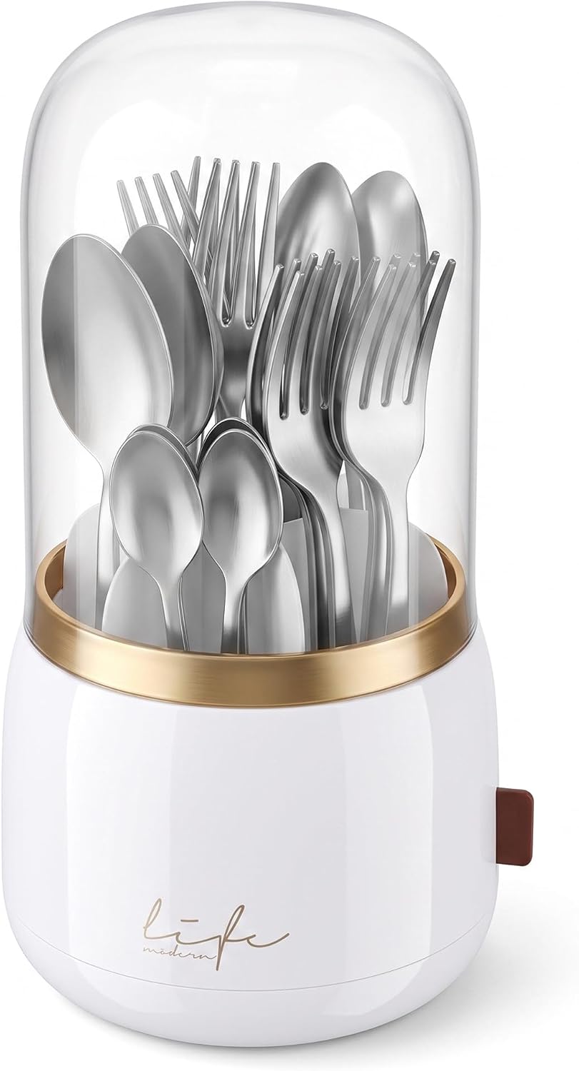 360° Utensil Holder Silverware Organizer with Lid,Kitchen Countertop Flatware Organizer and Countertop Storage(Fits Max 8.7" Utensils),Forks,Spoons Organizer,for Party,Coffee Bar,picnic (green)
