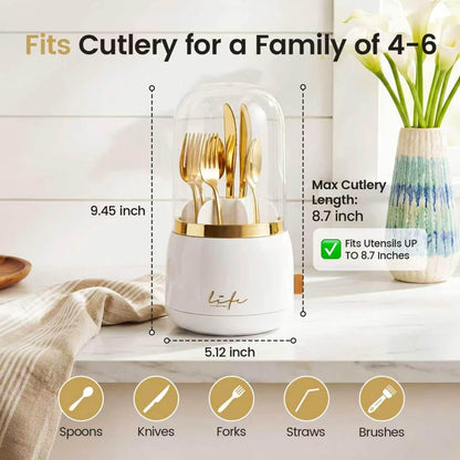 360° Utensil Holder Silverware Organizer with Lid,Kitchen Countertop Flatware Organizer and Countertop Storage(Fits Max 8.7" Utensils),Forks,Spoons Organizer,for Party,Coffee Bar,picnic (green)