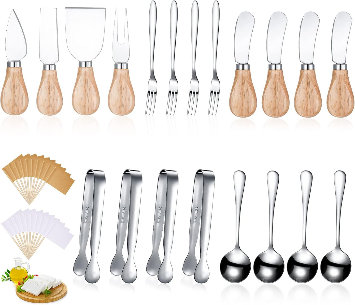 Charcuterie Board Accessories Spreader Knife Set Cheese Butter Spreader Knife Charcuterie Utensils with Wooden Handles Mini Serving Tongs Spoons Forks for party Wedding Christmas (Gold, 20 Pieces)