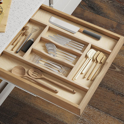 Premium Wooden Silverware Organizer for Kitchen Drawers, Utensil Tray for Kitchen Drawer, Cutlery Drawer Organizer for Forks, Spoons, Knives - Sturdy Birchwood, Natural Finish