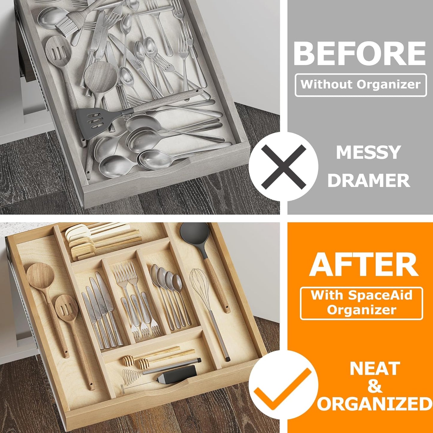 Premium Wooden Silverware Organizer for Kitchen Drawers, Utensil Tray for Kitchen Drawer, Cutlery Drawer Organizer for Forks, Spoons, Knives - Sturdy Birchwood, Natural Finish