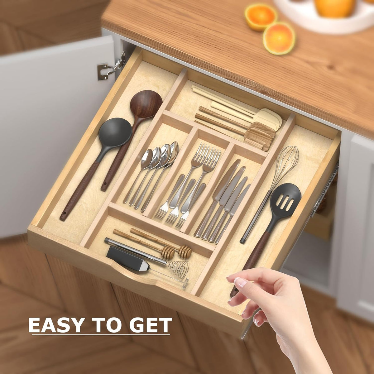 Premium Wooden Silverware Organizer for Kitchen Drawers, Utensil Tray for Kitchen Drawer, Cutlery Drawer Organizer for Forks, Spoons, Knives - Sturdy Birchwood, Natural Finish