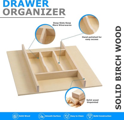 Premium Wooden Silverware Organizer for Kitchen Drawers, Utensil Tray for Kitchen Drawer, Cutlery Drawer Organizer for Forks, Spoons, Knives - Sturdy Birchwood, Natural Finish