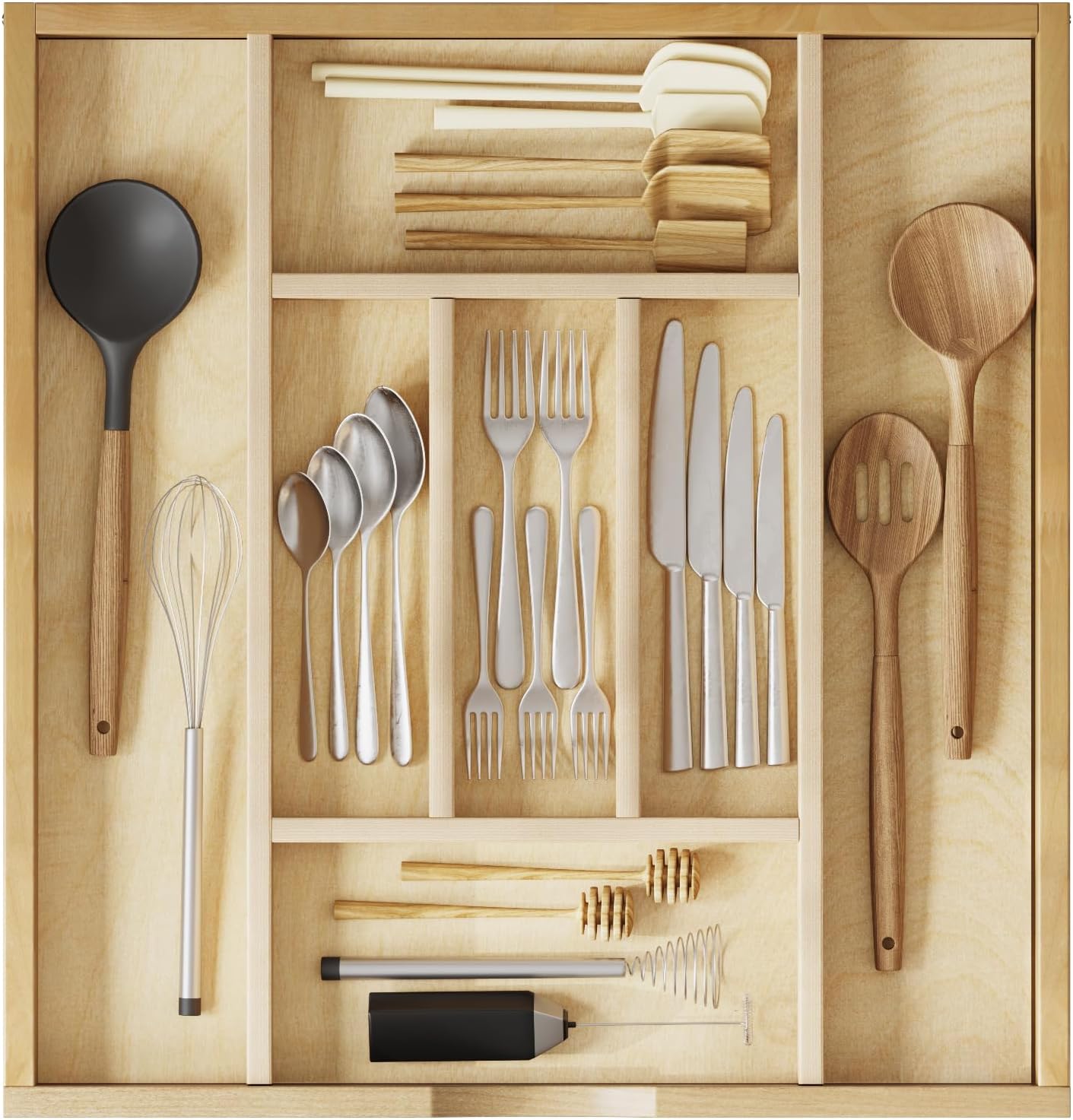 Premium Wooden Silverware Organizer for Kitchen Drawers, Utensil Tray for Kitchen Drawer, Cutlery Drawer Organizer for Forks, Spoons, Knives - Sturdy Birchwood, Natural Finish